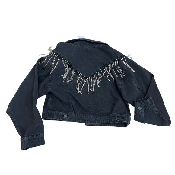 Blue B Rhinestone Fringe Denim Jacket Size Small Black Western Concert Rodeo - Picture 3 of 9